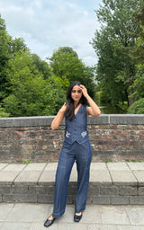 Denim Floral Embroidered Waist Coat Set
