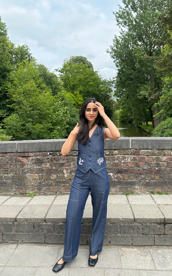 Denim Floral Embroidered Waist Coat Set