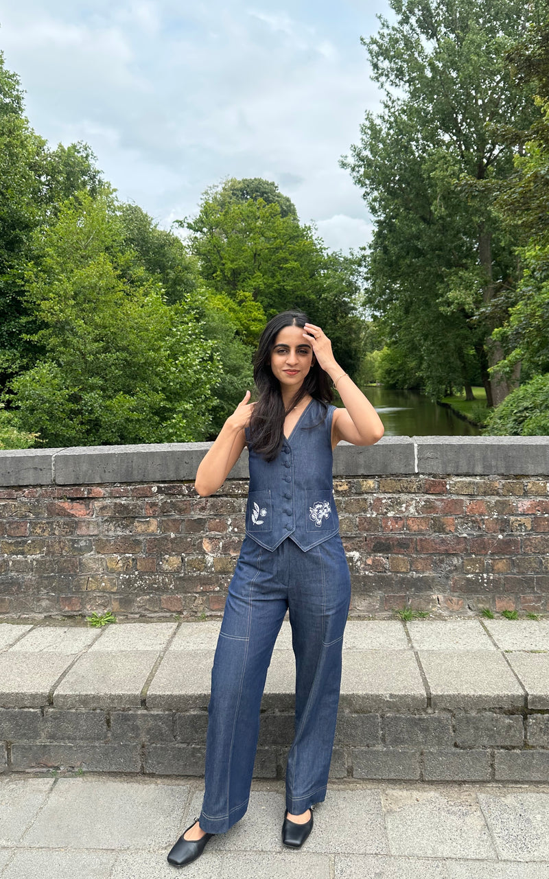 Denim Floral Embroidered Waist Coat Set