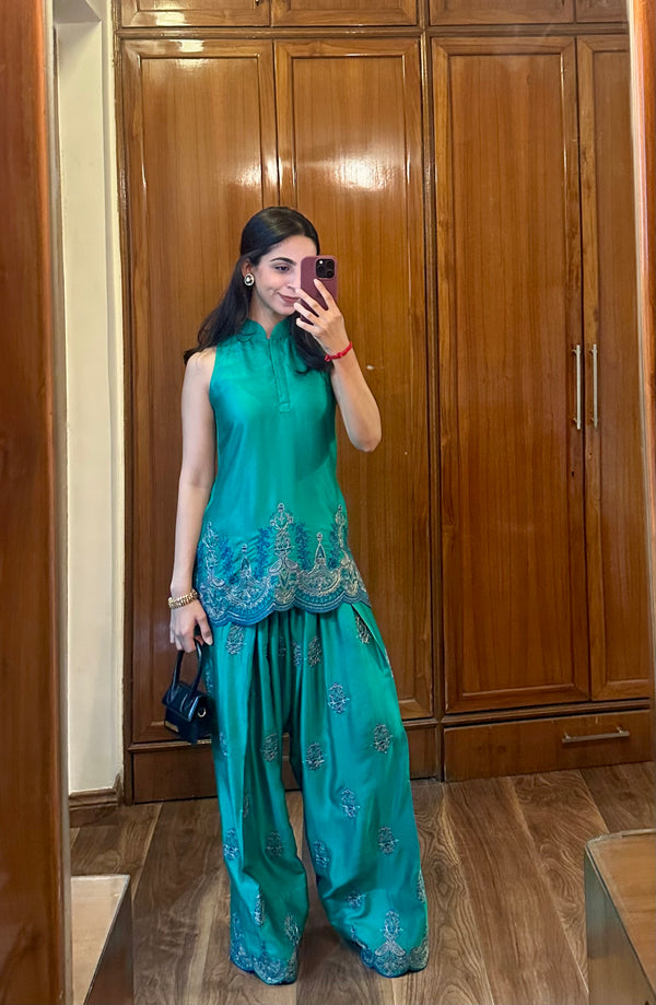 Meher Emerald Green Embroidered Farshi Set