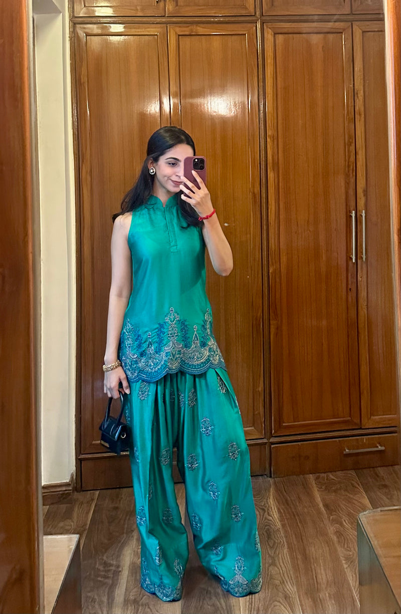 Meher Emerald Green Embroidered Farshi Set