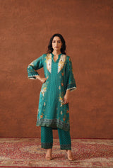 Teal Floral Print Suit with Contrast Dupatta