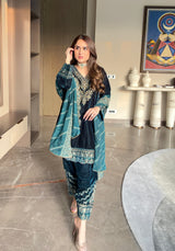 Aafreen Teal Blue Velvet Embroidered Set