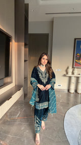 Aafreen Teal Blue Velvet Embroidered Set