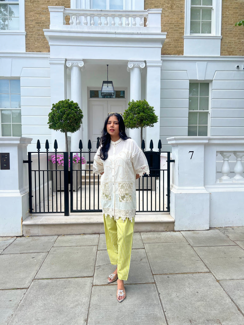 White Cutwork Elegance Top with Striped Narrow Salwar