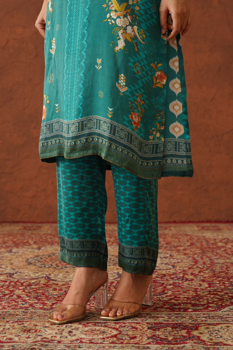 Teal Floral Print Suit with Contrast Dupatta