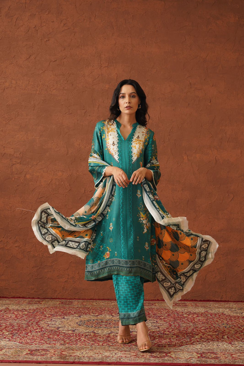 Teal Floral Print Suit with Contrast Dupatta