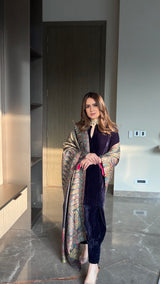 Navy Crush Velvet Suit with Kaani Zari Dupatta