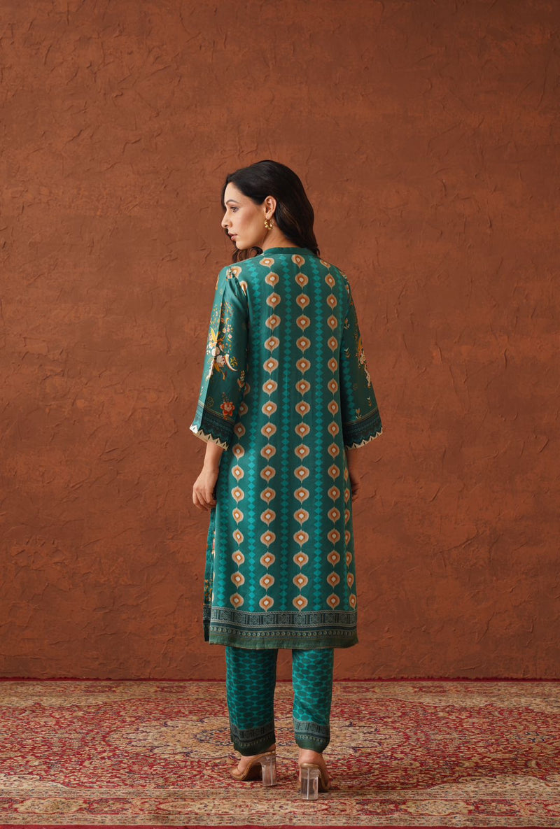 Teal Floral Print Suit with Contrast Dupatta