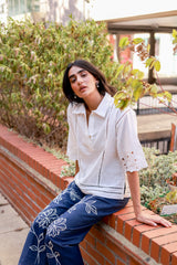 White Linen Cutwork Top with Denim Embroidered Pants