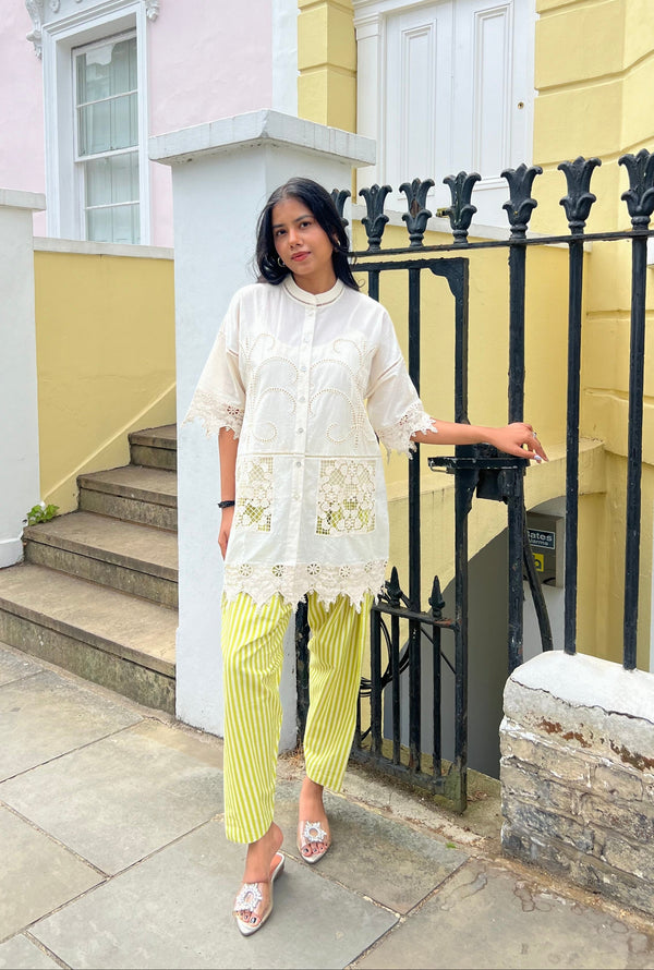 White Cutwork Elegance Top with Striped Narrow Salwar