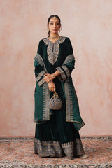 Bottle Green Crush Velvet Embroidered Sharara Set