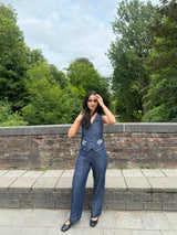 Denim Floral Embroidered Waist Coat Set