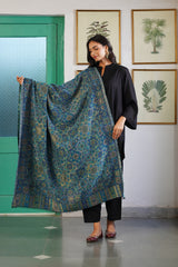 Teal Blue Floral Mandala Wool Shawl – Women's Wedding & Festive Shawl