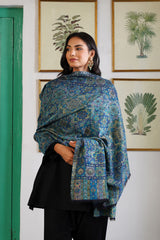 Teal Blue Floral Mandala Wool Shawl – Women's Wedding & Festive Shawl