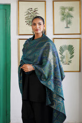 Peacock Blue Green Paisley Woven Shawl for Women