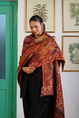 His & Her Woven Deep Red and Beige Shawl Set – Jacquard Shawls for Wedding Gifting