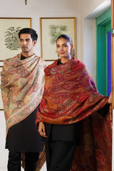 His & Her Woven Deep Red and Beige Shawl Set – Jacquard Shawls for Wedding Gifting