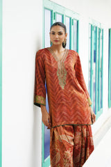 Naaz Rust Printed Tissue Farshi Salwar Set with Embroidery
