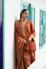 Naaz Rust Printed Tissue Farshi Salwar Set with Embroidery