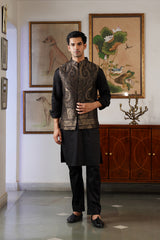 Black Gold Paisley Woven Jacquard Jacket with Kurta & Pant