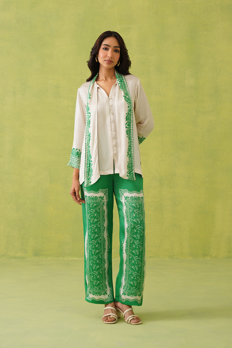 Cream Scarf Top with Green Printed Pant