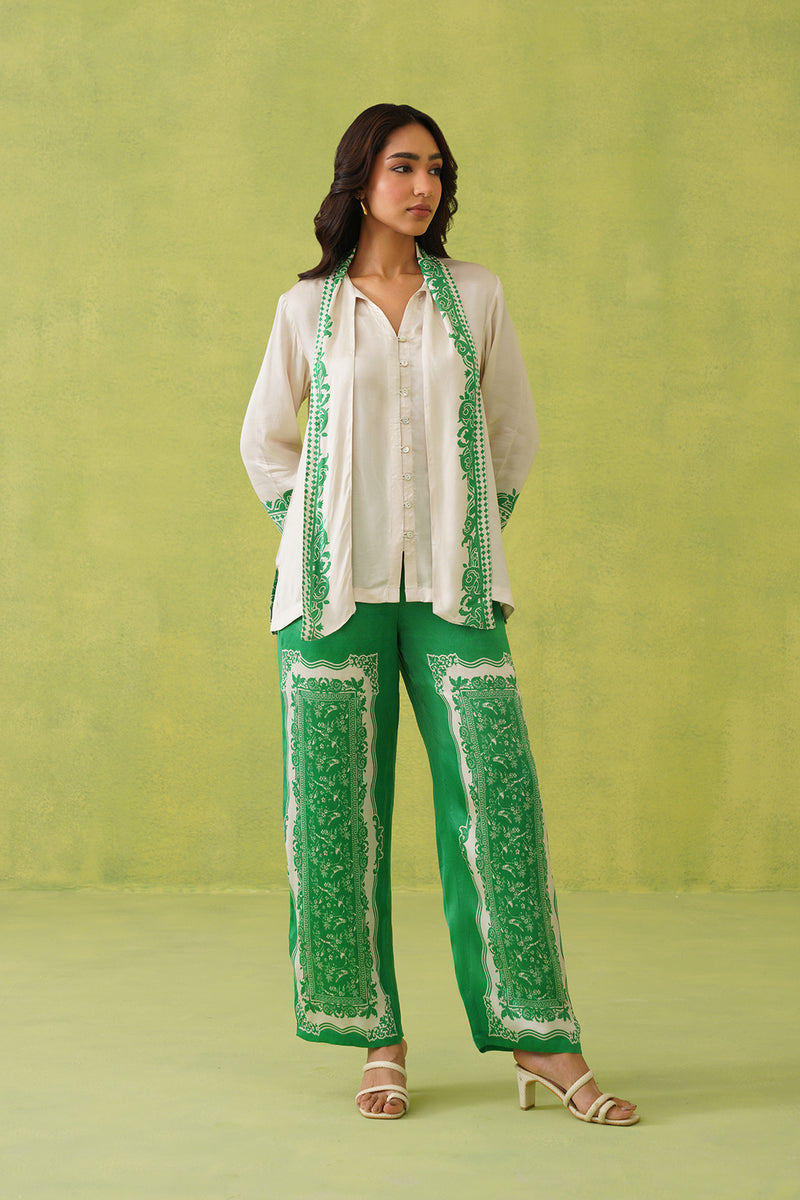 Cream Scarf Top with Green Printed Pant- Inchingindia