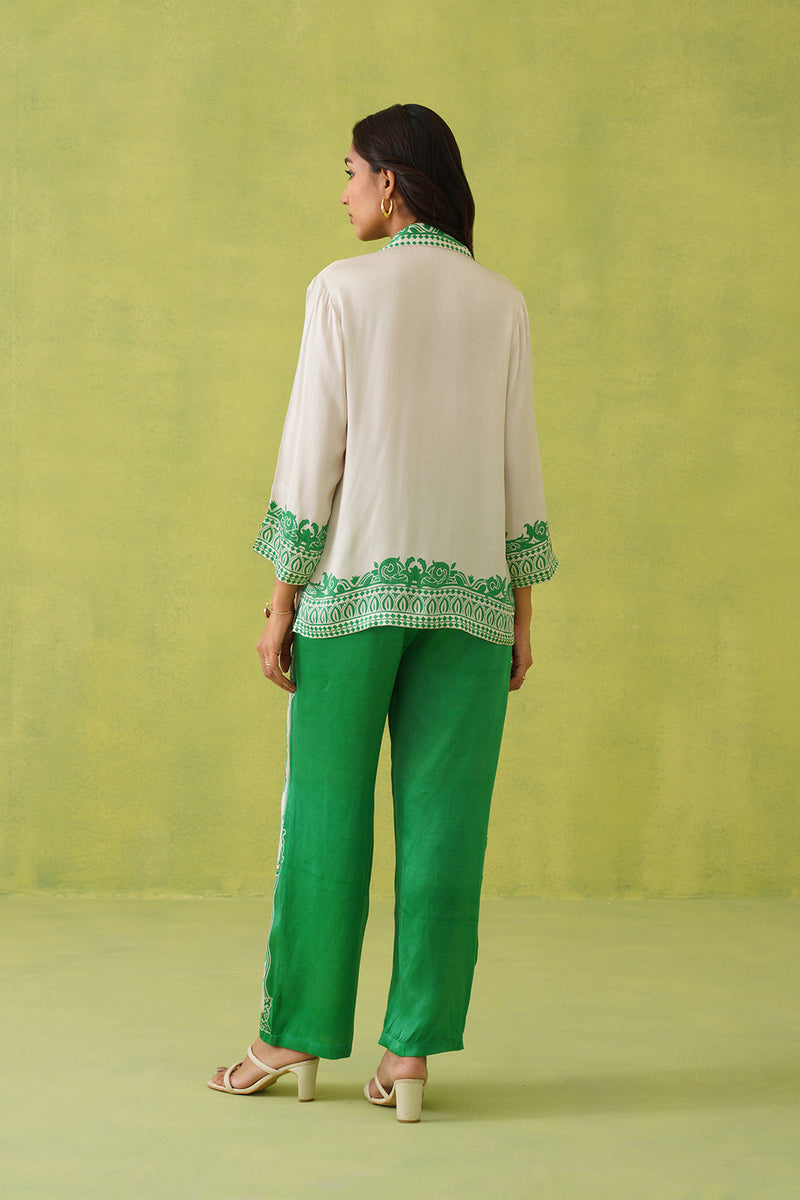 Cream Scarf Top with Green Printed Pant- Inchingindia