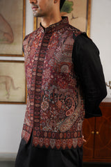 Naaz Deep Maroon Kani Paisley Nehru Jacket with Kurta & Pant