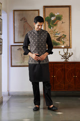 Black Silver Diamond Embroidered Nehru Jacket with Kurta & Pant