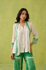 Cream Scarf Top with Green Printed Pant- Inchingindia