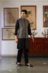 Black Silver Diamond Embroidered Nehru Jacket with Kurta & Pant