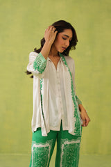 Cream Scarf Top with Green Printed Pant- Inchingindia