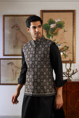 Black Silver Diamond Embroidered Nehru Jacket with Kurta & Pant
