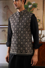 Black Silver Diamond Embroidered Nehru Jacket with Kurta & Pant