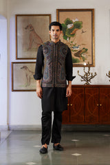 Teal-Gold Paisley Kani Jacket with Kurta & Pant