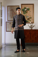 Teal-Gold Paisley Kani Jacket with Kurta & Pant