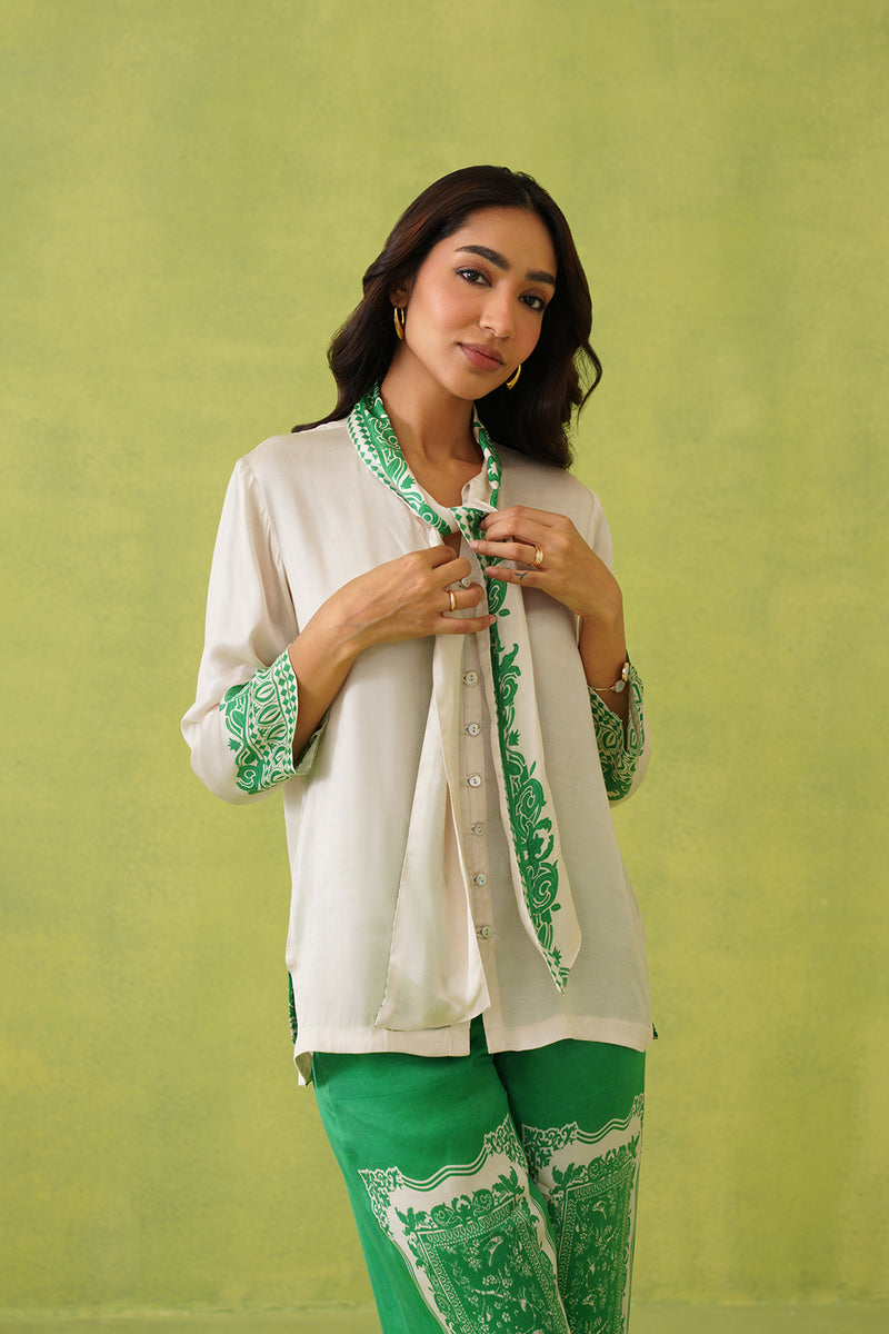 Cream Scarf Top with Green Printed Pant