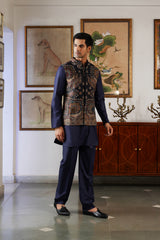 Navy Cream Paisley Kani Jacket with Kurta & Pant