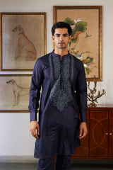 Naaz Navy Tone-on-Tone Embroidered Kurta for Men