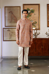 Peach Embroidered Kaani Paisley Kurta for Men