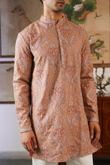 Peach Embroidered Kaani Paisley Kurta for Men