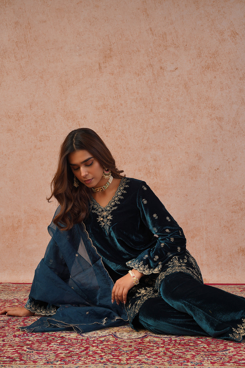Shop Teal Blue Velvet Embroidered Suit Set with Dupatta Online INCHING INDIA Shop Teal Blue Velvet Embroidered Suit Set with Dupatta Online INCHING INDIA