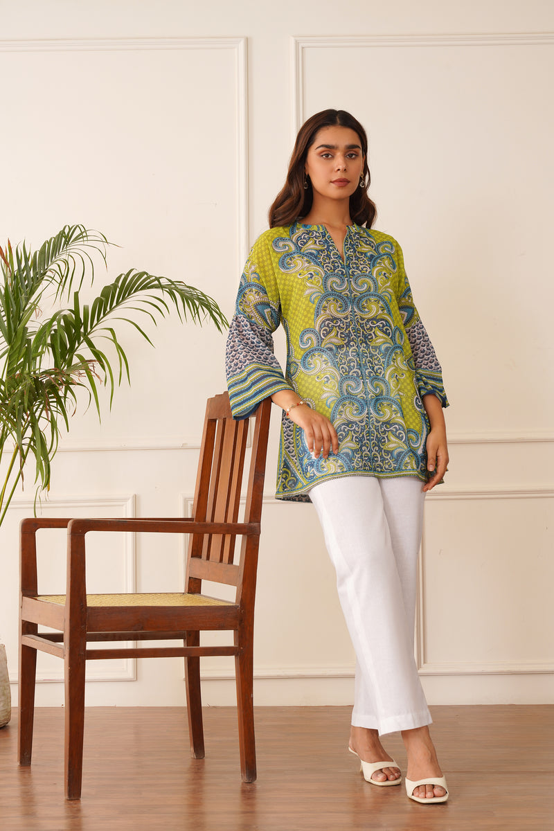 Blue Green Printed Top with White Linen Pants
