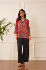 Red Printed Top with Black Pleated Pants