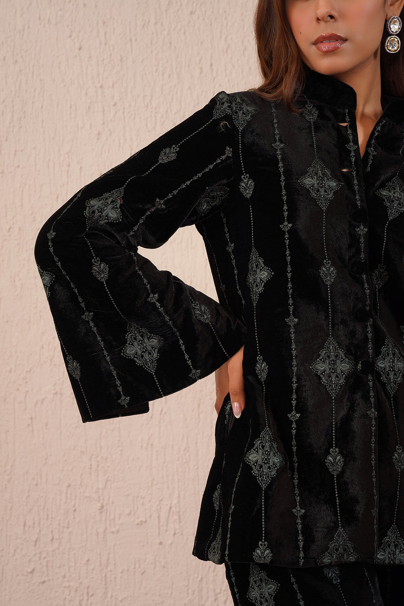 Black Velvet Coat with Thread Embroidery