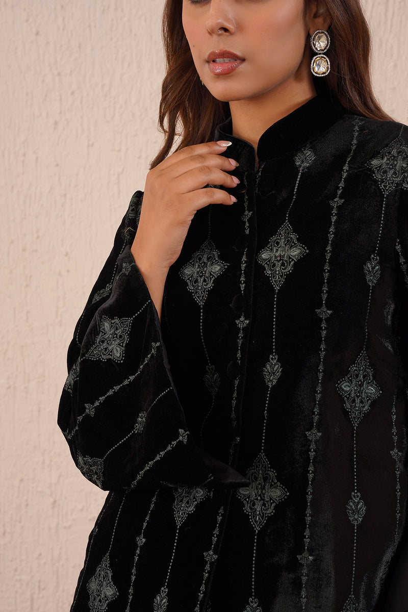 Black Velvet Coat Set with Thread Embroidery