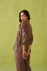 Brown Linen Embroidered Coord Set