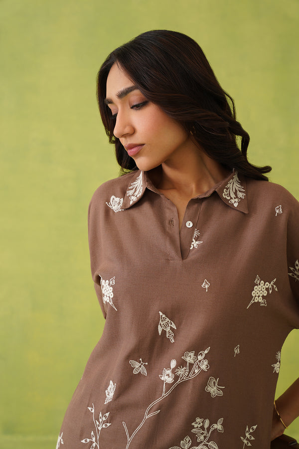 Brown Linen Embroidered Coord Set- Inchingindia