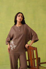 Noor Brown Linen Embroidered Coord Set- Inchingindia